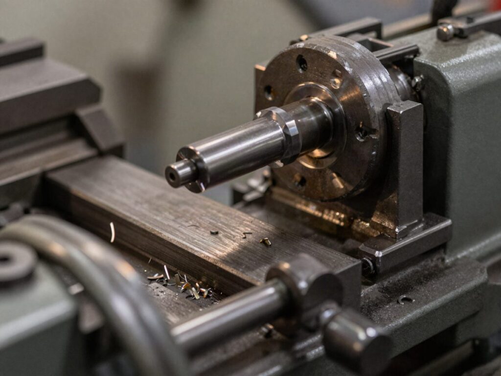 Manual lathe taking a finishing cut on a metal shaft