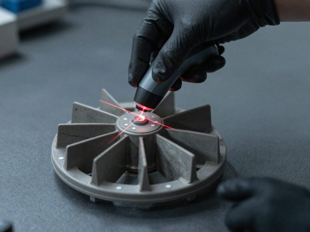 Handheld 3D laser scanner capturing a worn pump impeller for reverse engineering
