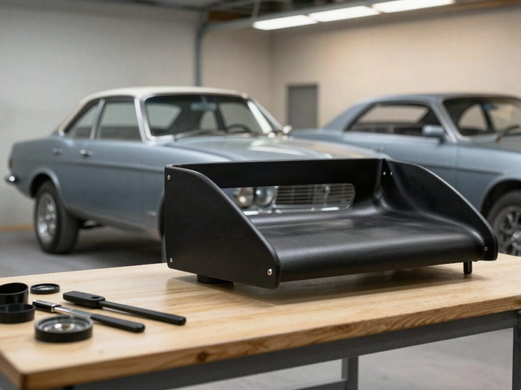 Classic car in a custom auto body shop with a composite part