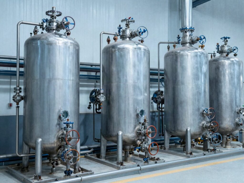 Process tanks and piping at a chemical processing plant