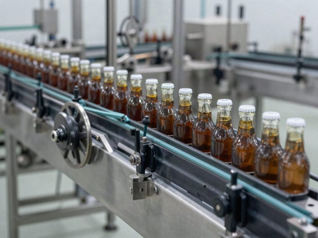 Food and beverage bottling line with conveyor guides