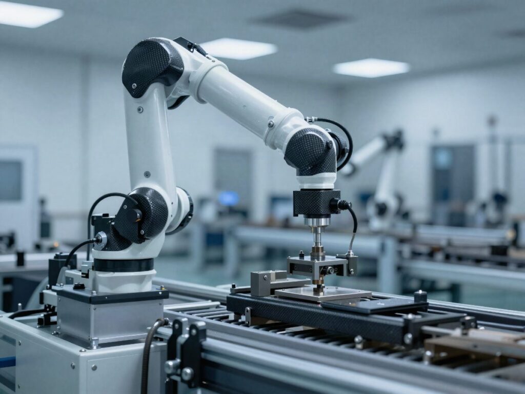 Automated manufacturing line with robotic arm and fixtures